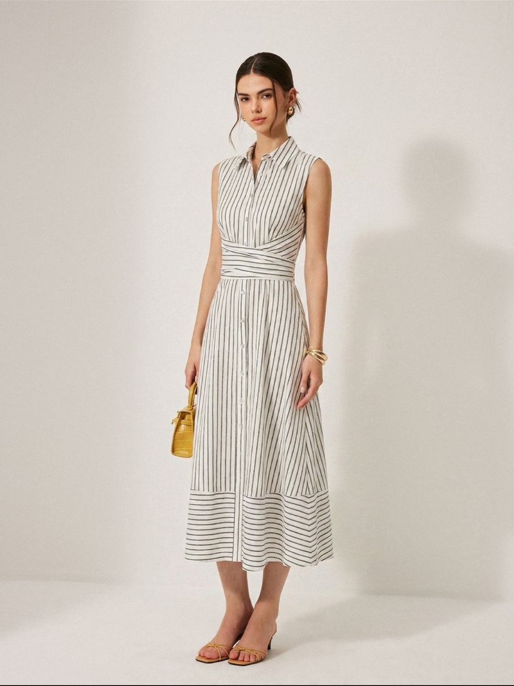 Commense Sleeveless White and Black Striped Midi Shirt Dress